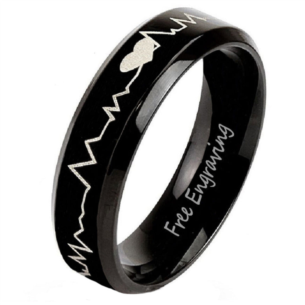 ThinkEngraved wedding Band 5 Personalized Men's Black Heartbeat Wedding Ring - Engraved Wedding Ring