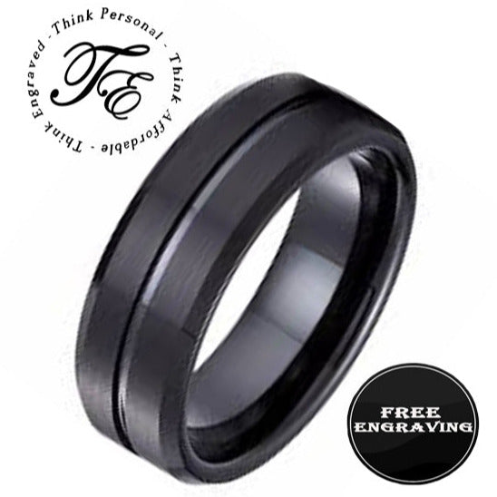 ThinkEngraved wedding Band 6 Personalized Men's Matte Black Grooved Tungsten Wedding Ring - Handwriting Ring