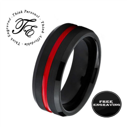 ThinkEngraved wedding Band 6 Personalized Men's Wedding Ring - Black With Red Line Groove Stainless Steel