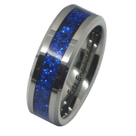 ThinkEngraved wedding Band 7 Personalized Engraved Men's Ice Blue Opal Tungsten Wedding Ring