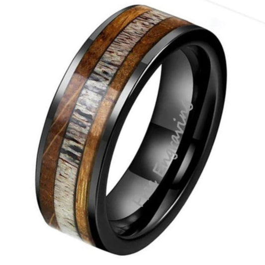 ThinkEngraved wedding Band 9 Personalized Men's Tungsten Wedding Band - Wood and Antler Inlay