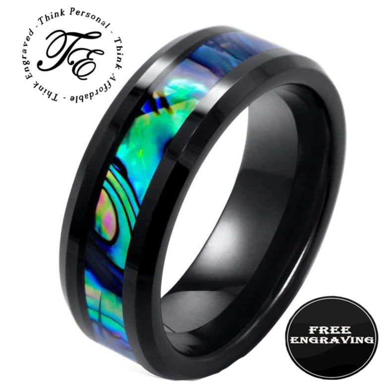 ThinkEngraved wedding Band 8 Personalized Men's Tungsten Abalone Wedding Ring - Engraved Handwriting Ring