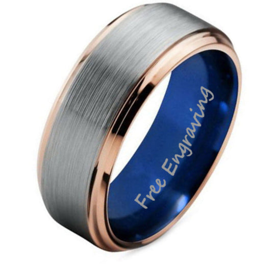 ThinkEngraved wedding Band 8 Personalized Men's Tungsten Wedding Band - Gold Beveled Brushed Steel