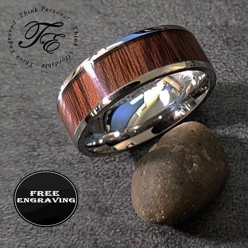 ThinkEngraved wedding Band 9 Personalized Men's Titanium Wedding Band - Silver Band With Wood Inlay