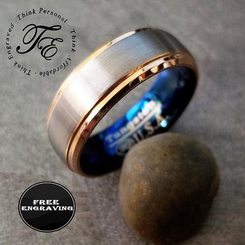 ThinkEngraved wedding Band 9 Personalized Men's Tungsten Wedding Band - Gold Beveled Brushed Steel