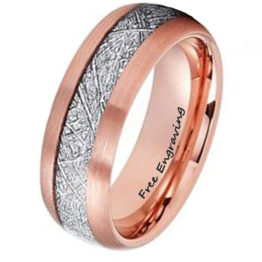 ThinkEngraved wedding Band 9 Personalized Men's Tungsten Wedding Ring - Meteorite Inlay 14k Rose Gold Ip