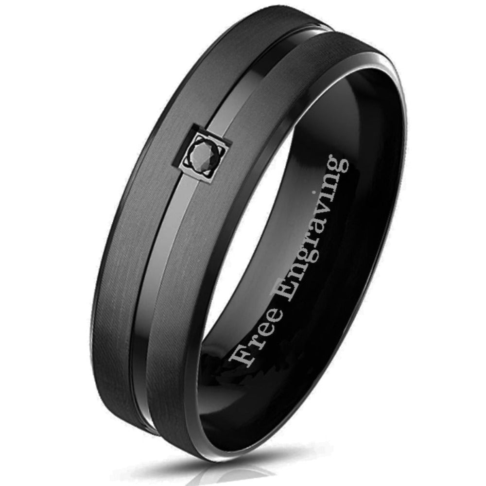 ThinkEngraved wedding Band 9 Personalized Men's Wedding Band - Beveled, Grooved Black Gem Stainless Steel