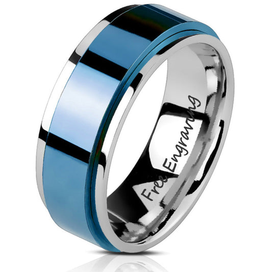 ThinkEngraved wedding Band 9 Personalized Men's Wedding Band - Silver and Blue Fidget Spinner Ring