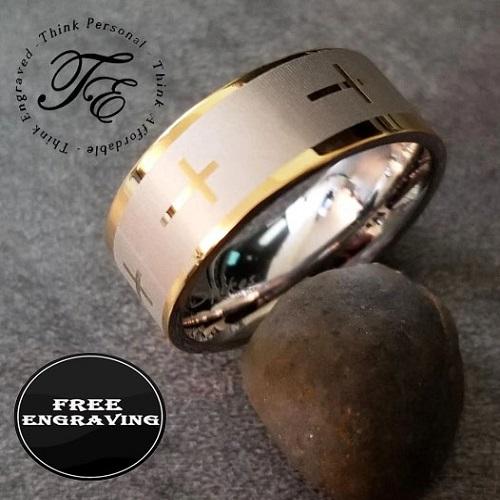 ThinkEngraved wedding Band Custom Engraved Men's Christian Cross Wedding Ring - Engraved Handwriting Ring For Guys