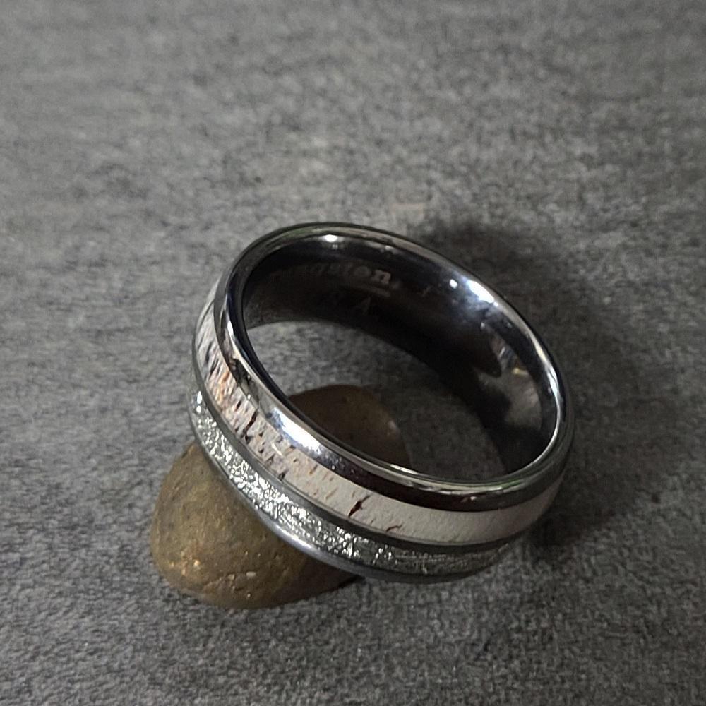 ThinkEngraved wedding Band Custom Engraved Men's Deer Antler and Meteor Tungsten Wedding Ring - Deer Antler Ring
