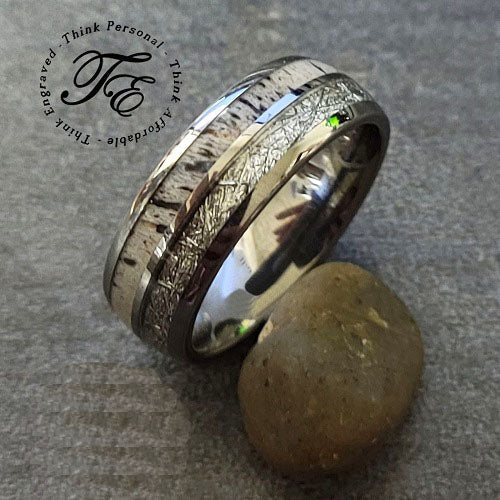 ThinkEngraved wedding Band Custom Engraved Men's Deer Antler and Meteor Tungsten Wedding Ring - Deer Antler Ring