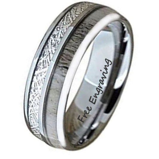 Custom Engraved Men's Deer Antler and Meteor Tungsten Wedding Ring - Deer Antler RingCustom Engraved Men's Deer Antler and Meteor Tungsten Wedding Ring - Deer Antler Ring