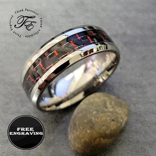 ThinkEngraved wedding Band Men's Engraved Red and Black Carbon Fiber Wedding Ring - Guy's Personalized Wedding Ring