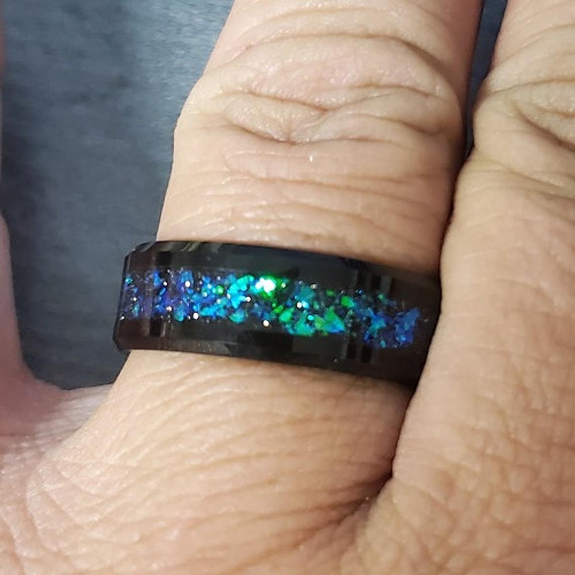 ThinkEngraved wedding Band Men's Personalized Galaxy Opal Wedding Ring - Men's Opal Tungsten Wedding Ring