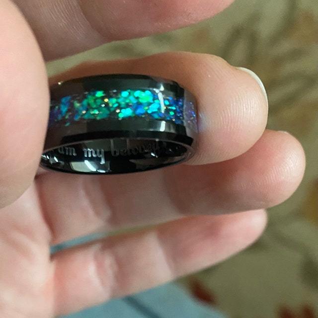 ThinkEngraved wedding Band Men's Personalized Galaxy Opal Wedding Ring - Men's Opal Tungsten Wedding Ring