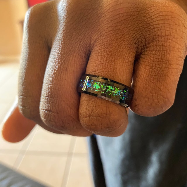 ThinkEngraved wedding Band Men's Personalized Galaxy Opal Wedding Ring - Men's Opal Tungsten Wedding Ring