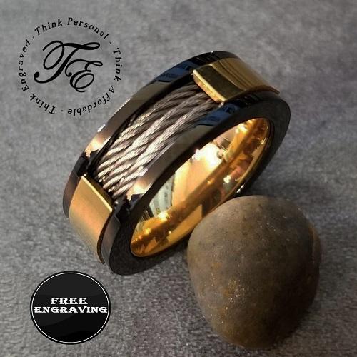 ThinkEngraved wedding Band Personalized Engraved Men's Cable Inlay Wedding Ring - Handwriting Ring