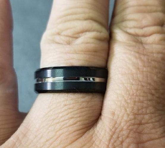 ThinkEngraved wedding Band Personalized Men's Black Silver Line Tungsten Wedding Band - Handwriting Ring