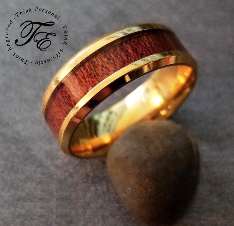 ThinkEngraved wedding Band Personalized Men's Gold Wedding Ring Hardwood Wood Inlay