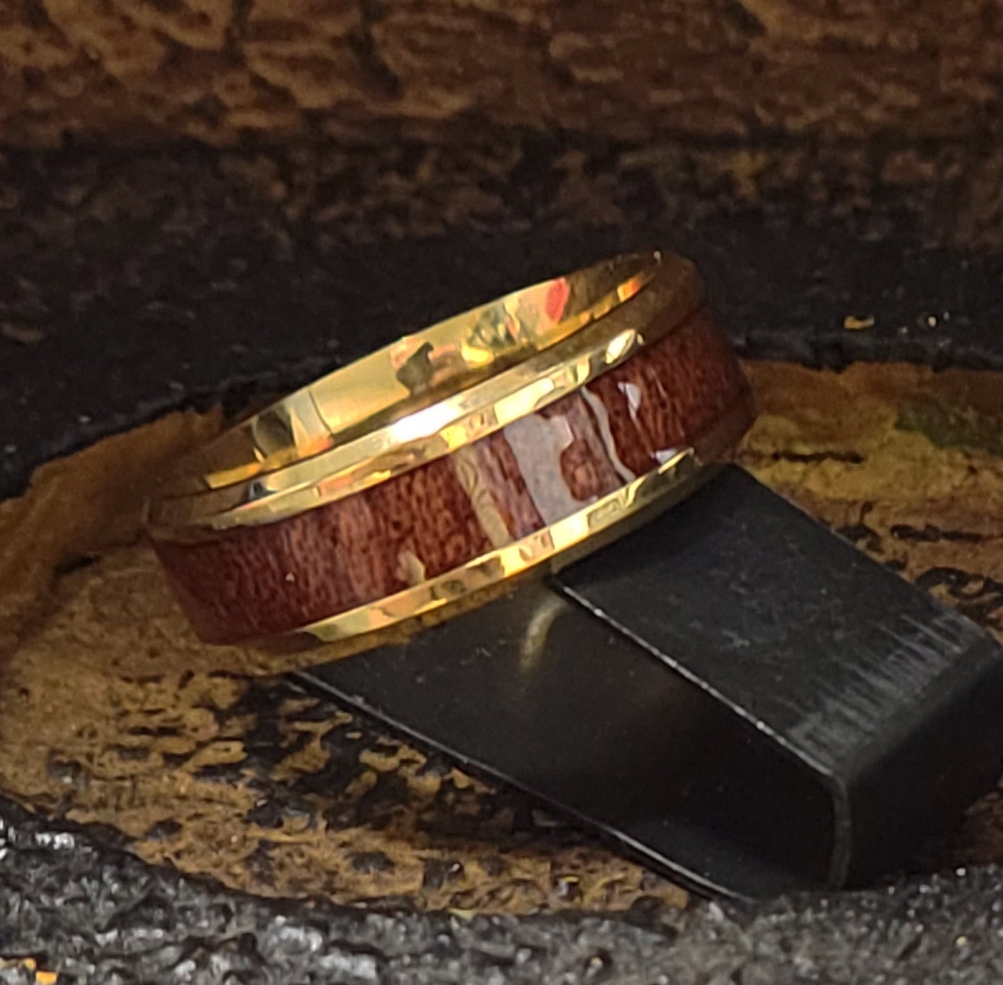 ThinkEngraved wedding Band Personalized Men's Gold Wedding Ring Hardwood Wood Inlay