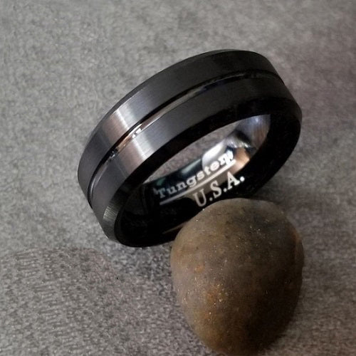 ThinkEngraved wedding Band Personalized Men's Matte Black Grooved Tungsten Wedding Ring - Handwriting Ring