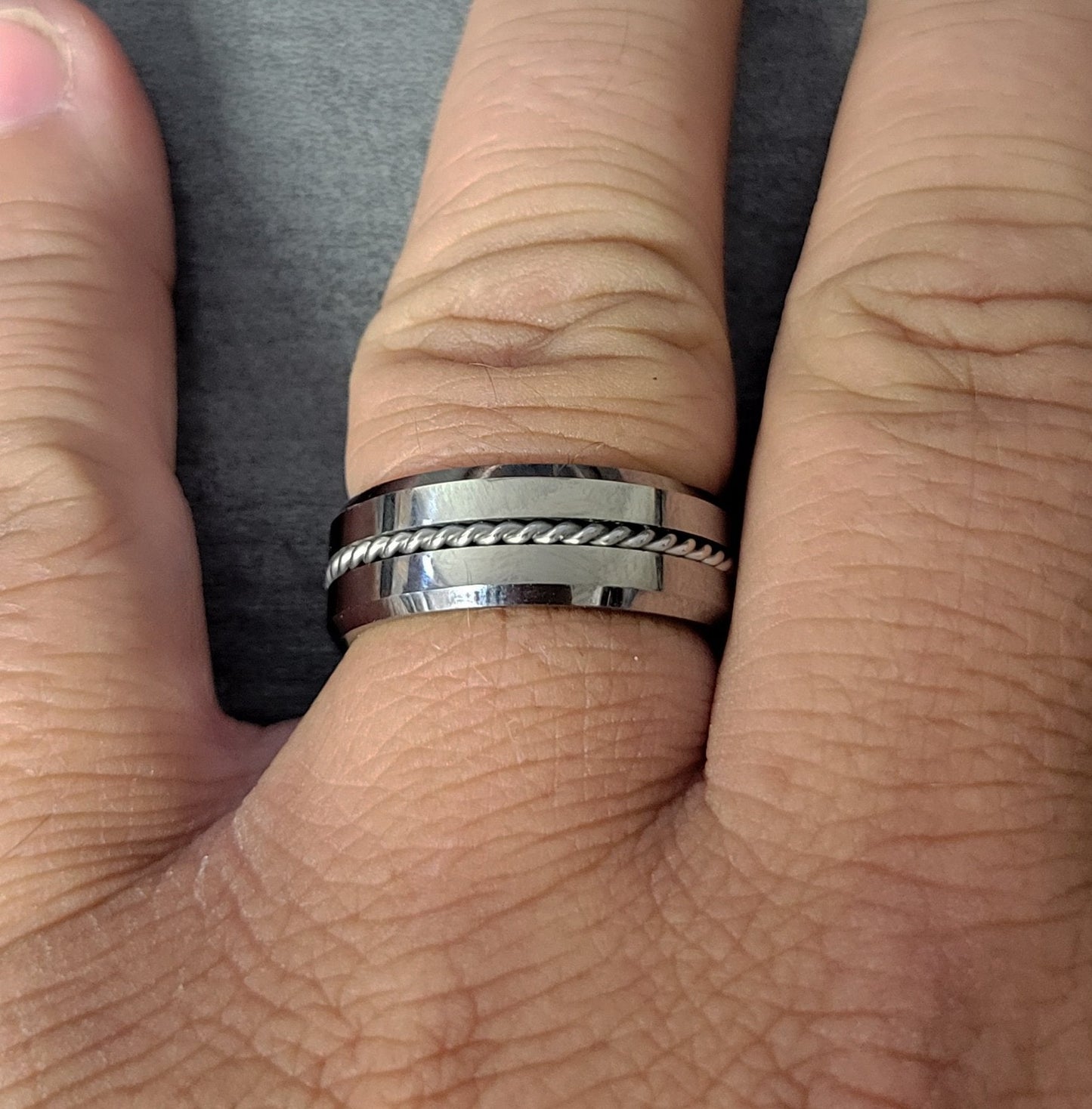 ThinkEngraved wedding Band Personalized Men's Real Tungsten Wedding Band - Beveled Wire Cable Inlay