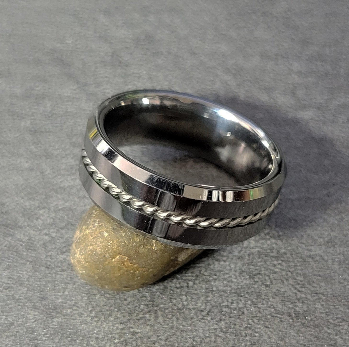 ThinkEngraved wedding Band Personalized Men's Real Tungsten Wedding Band - Beveled Wire Cable Inlay