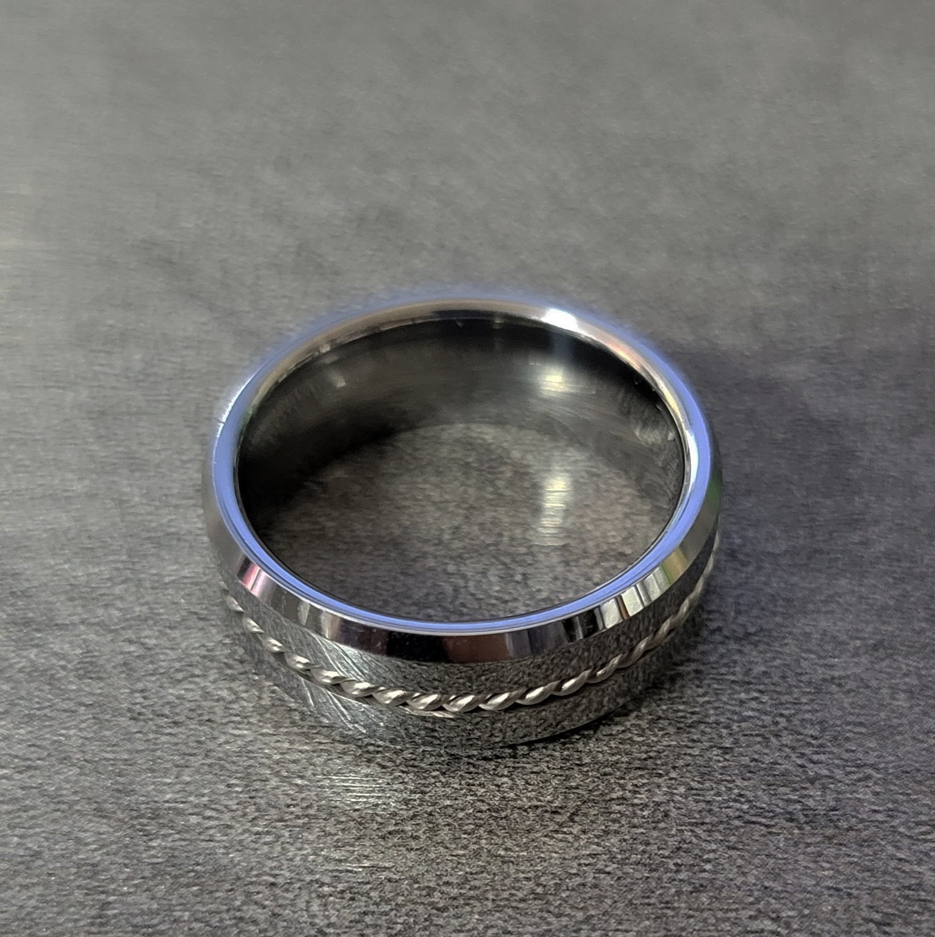 ThinkEngraved wedding Band Personalized Men's Real Tungsten Wedding Band - Beveled Wire Cable Inlay
