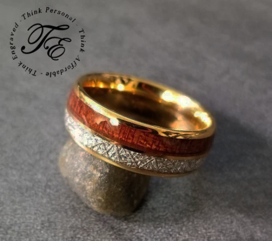 ThinkEngraved wedding Band Personalized Men's Real Tungsten Wedding Band - Wood and Meteorite Inay