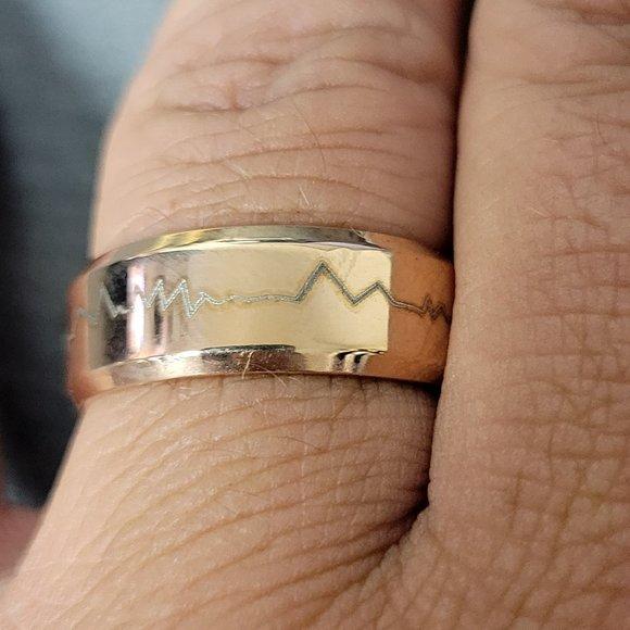 ThinkEngraved wedding Band Personalized Men's Rose Gold Heart Beat Wedding Ring - Handwriting Ring