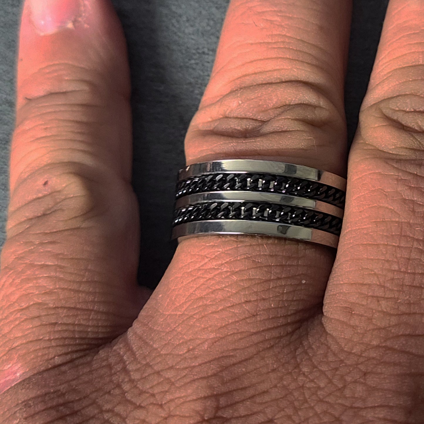 ThinkEngraved wedding Band Personalized Men's Titanium Wedding Band - Silver With Double Chain Inlays