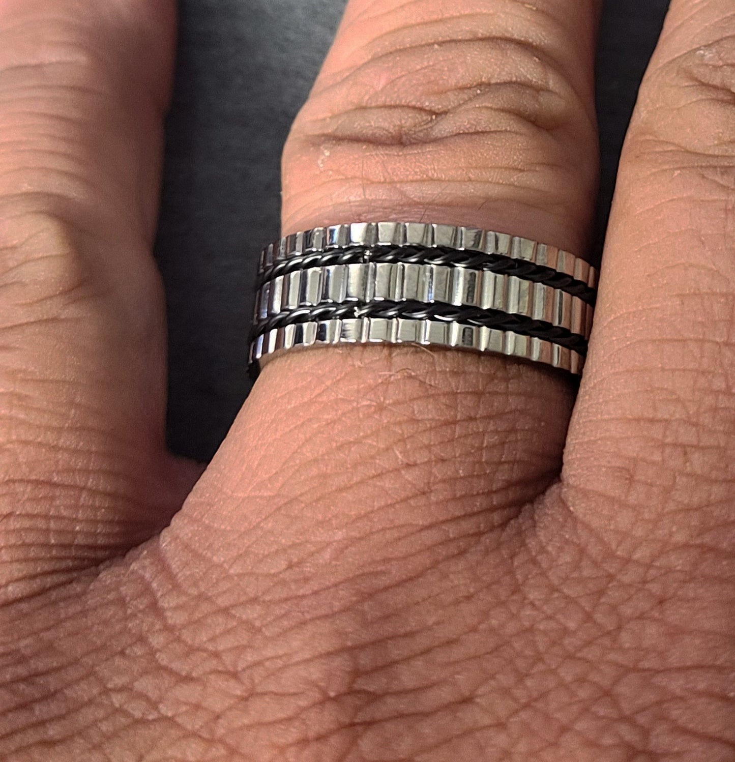 ThinkEngraved wedding Band Personalized Men's Titanium Wedding Band - Silver With Double Wire Inlays