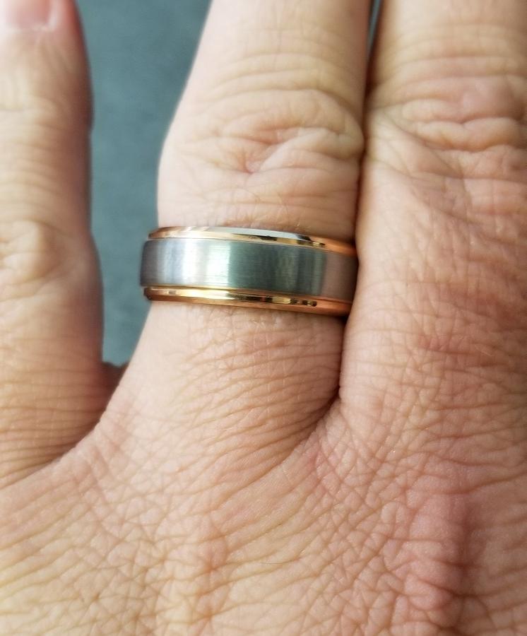 ThinkEngraved wedding Band Personalized Men's Tungsten Wedding Band - Gold Beveled Brushed Steel