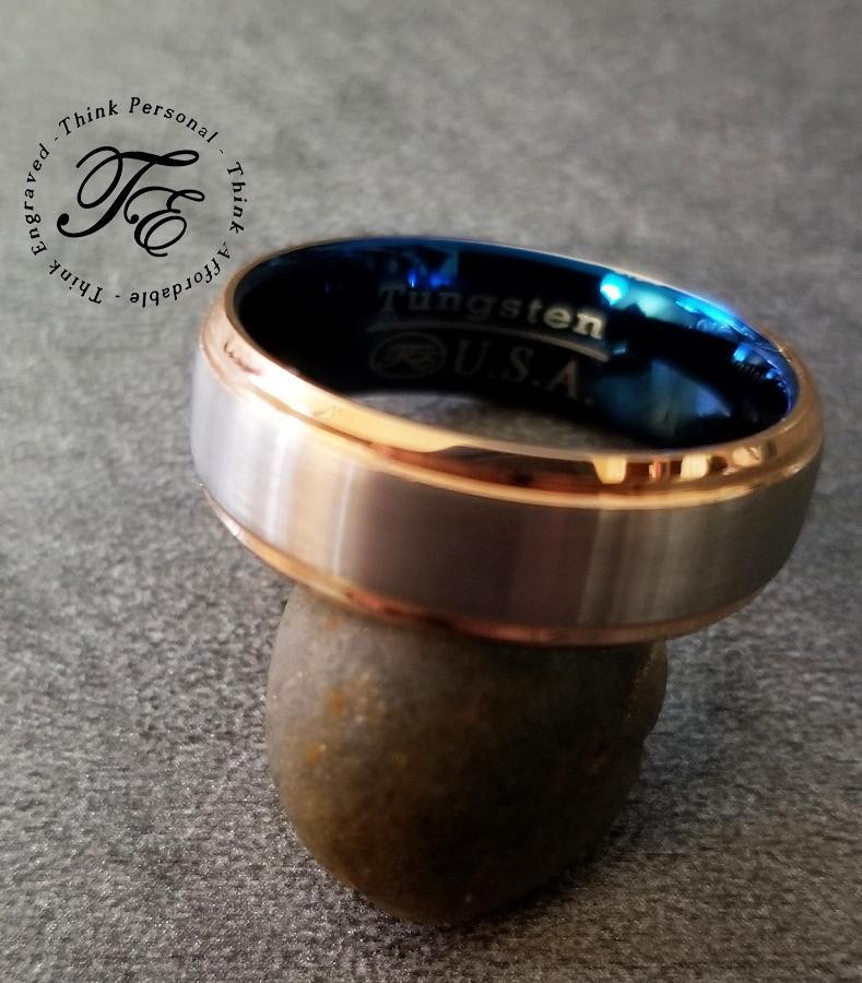 ThinkEngraved wedding Band Personalized Men's Tungsten Wedding Band - Gold Beveled Brushed Steel