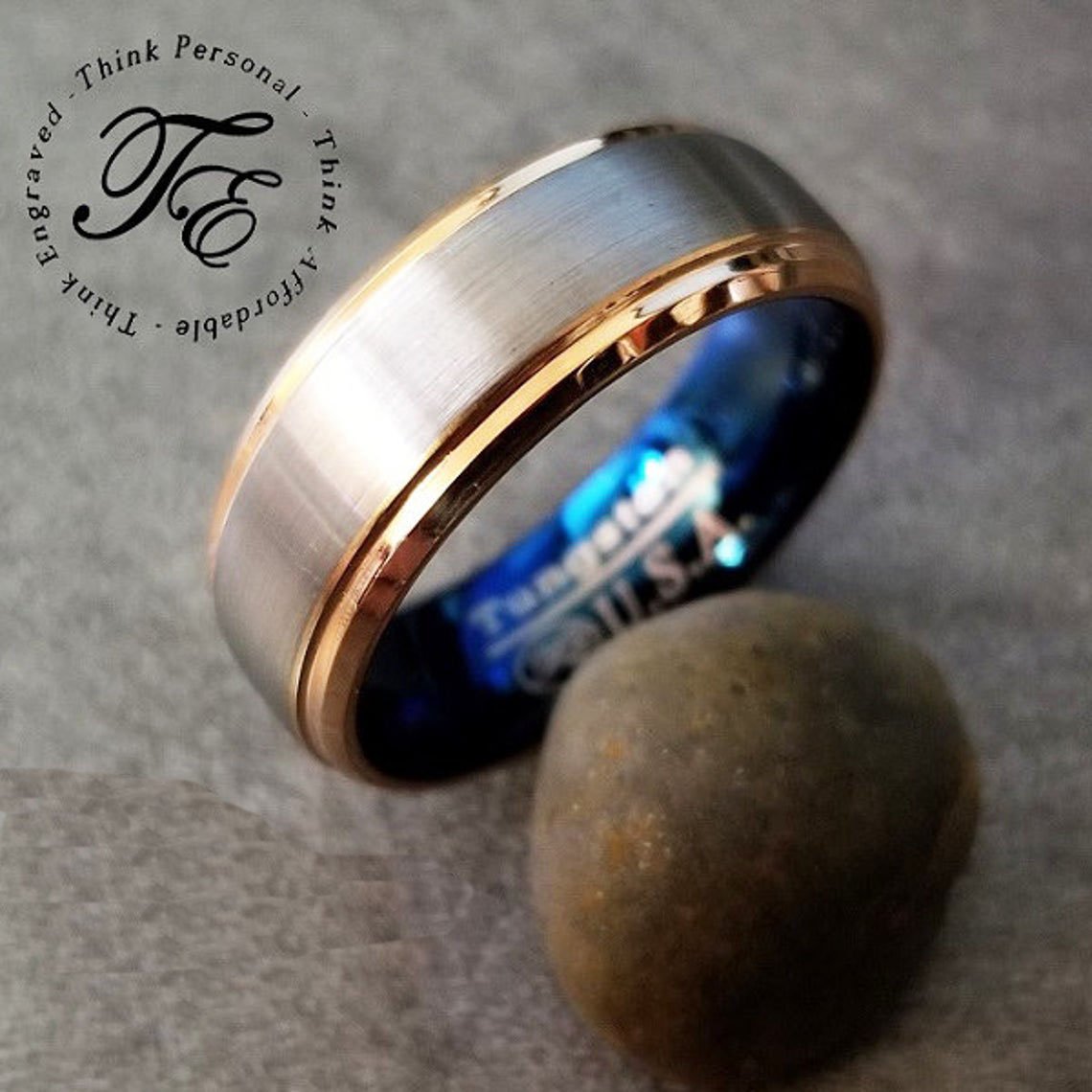 ThinkEngraved wedding Band Personalized Men's Tungsten Wedding Band - Gold Beveled Brushed Steel