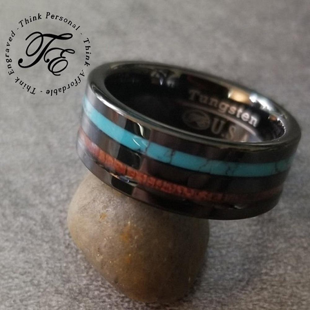 ThinkEngraved wedding Band Personalized Men's Tungsten Wedding Band With Turquoise and Wood Inlays