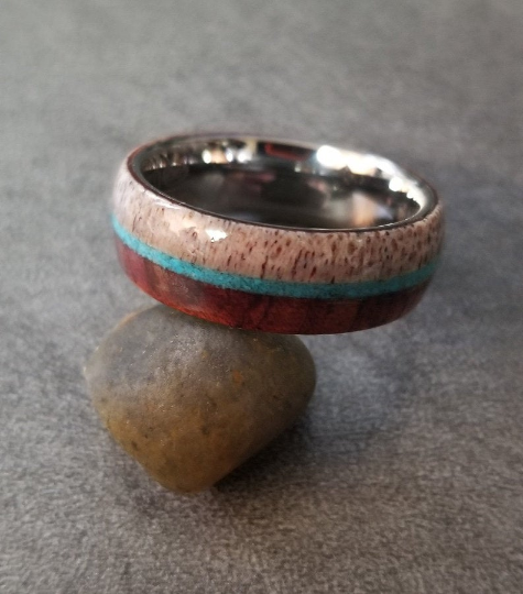 ThinkEngraved wedding Band Personalized Men's Tungsten Wedding Band With Turquoise, Antler and Wood