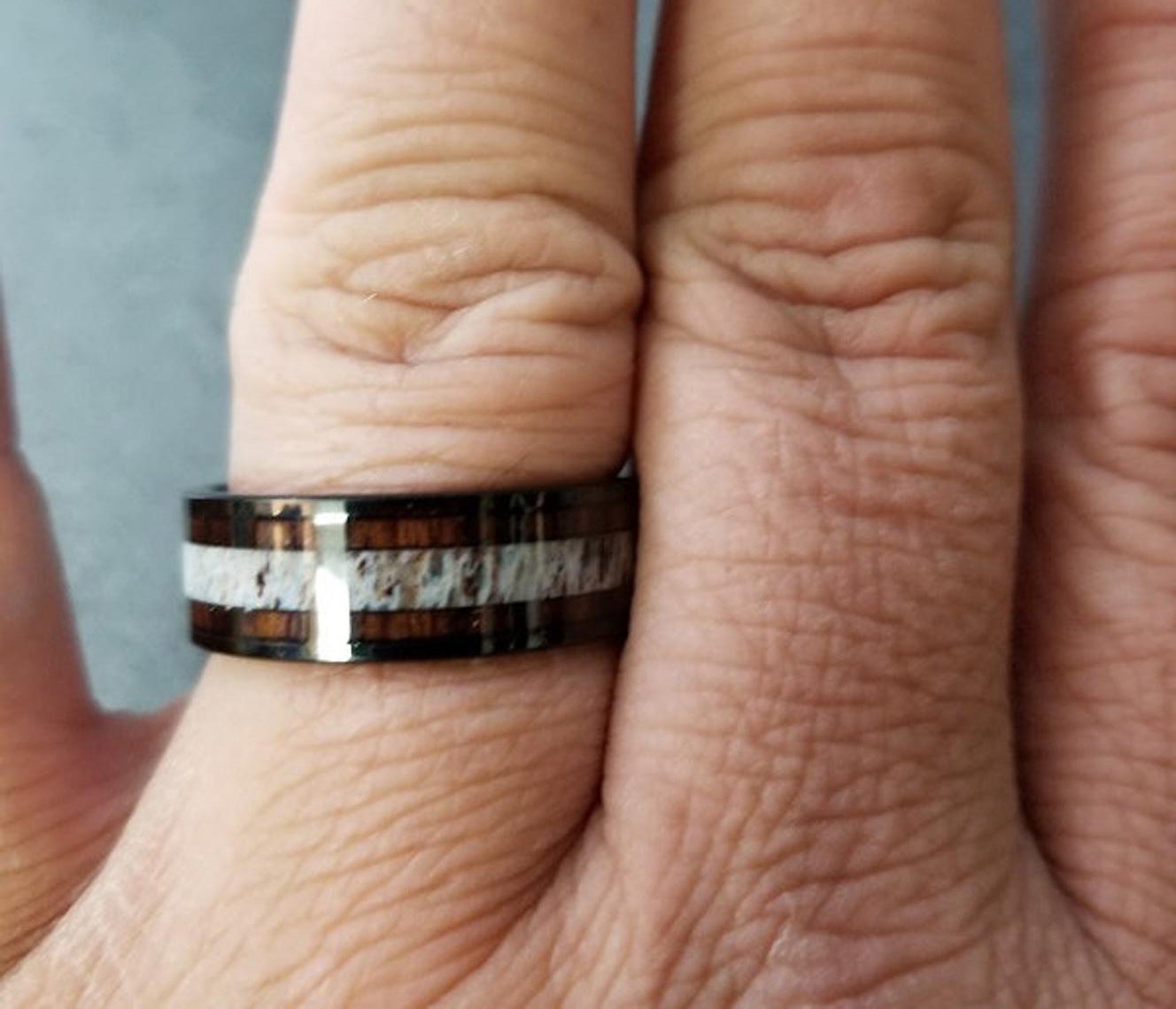 ThinkEngraved wedding Band Personalized Men's Tungsten Wedding Band - Wood and Antler Inlay