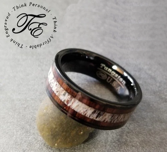 ThinkEngraved wedding Band Personalized Men's Tungsten Wedding Band - Wood and Antler Inlay