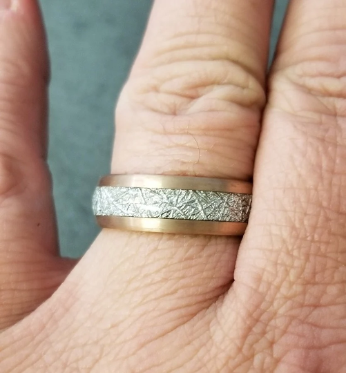 ThinkEngraved wedding Band Personalized Men's Tungsten Wedding Ring - Meteorite Inlay 14k Rose Gold Ip