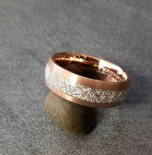 ThinkEngraved wedding Band Personalized Men's Tungsten Wedding Ring - Meteorite Inlay 14k Rose Gold Ip