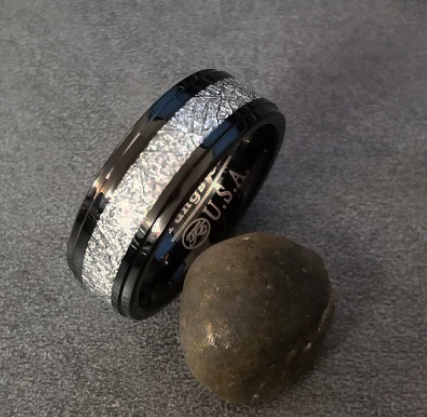 ThinkEngraved wedding Band Personalized Men's Tungsten Wedding Ring With IMI Meteorite Inlay - Engraved Ring