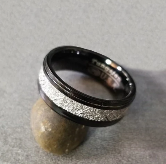 ThinkEngraved wedding Band Personalized Men's Tungsten Wedding Ring With IMI Meteorite Inlay - Engraved Ring