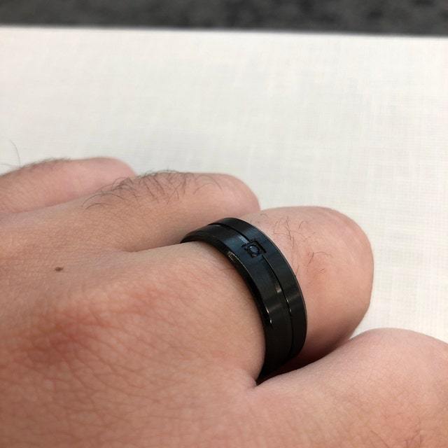 ThinkEngraved wedding Band Personalized Men's Wedding Band - Beveled, Grooved Black Gem Stainless Steel
