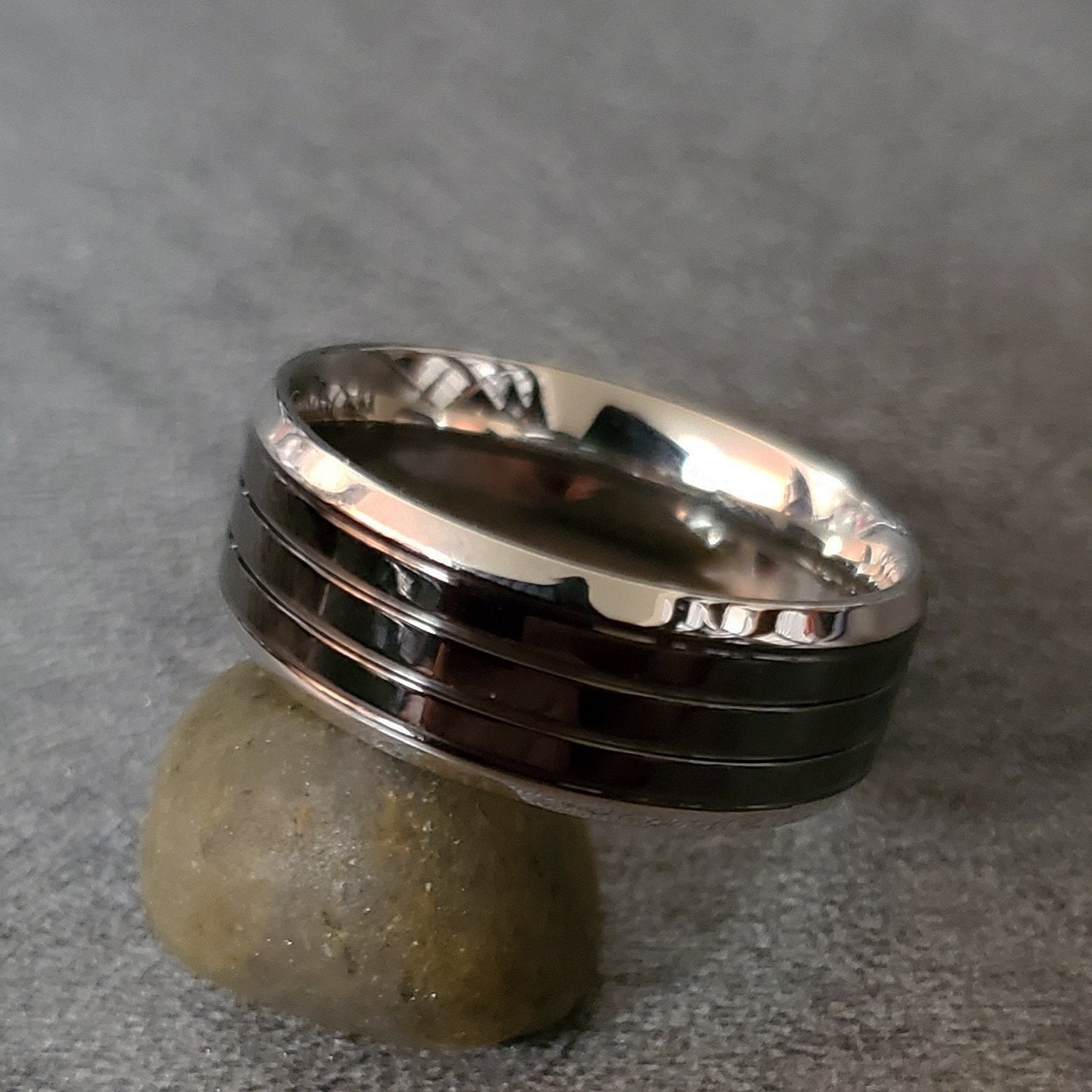 ThinkEngraved wedding Band Personalized Men's Wedding Band - Double Grooved Stainless Steel