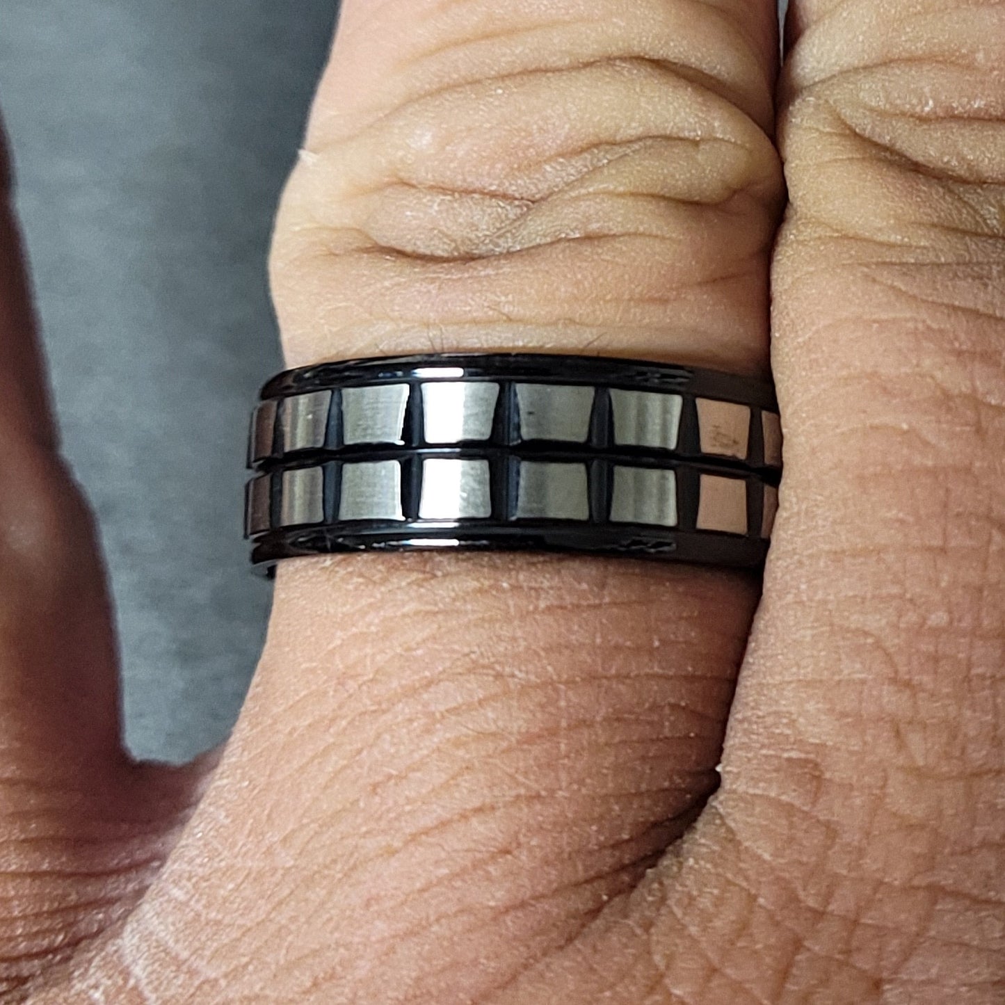 ThinkEngraved wedding Band Personalized Men's Wedding Band - Grooved Squares Brush Stainless Steel