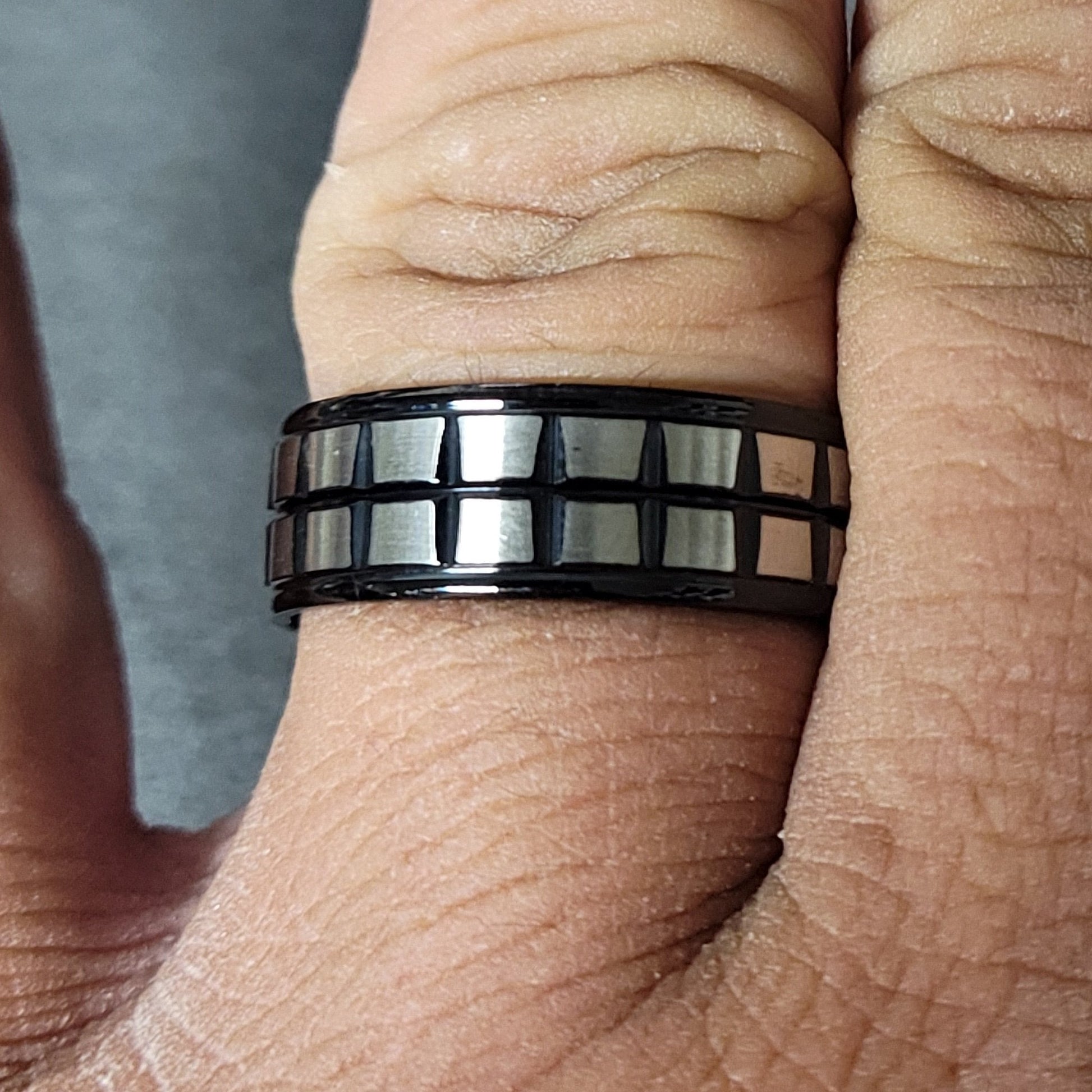 ThinkEngraved wedding Band Personalized Men's Wedding Band - Grooved Squares Brush Stainless Steel