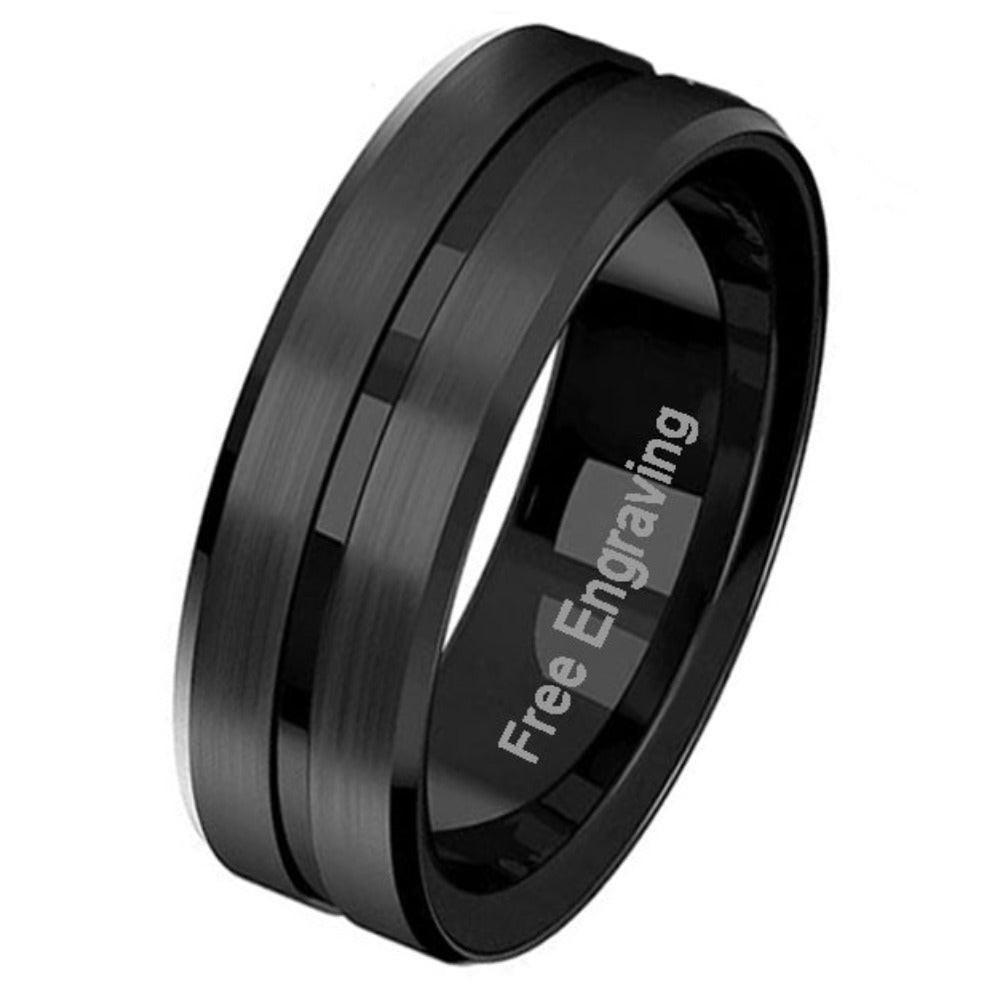 ThinkEngraved wedding Band Personalized Men's Wedding Band - Matte Black Grooved Stainless Steel
