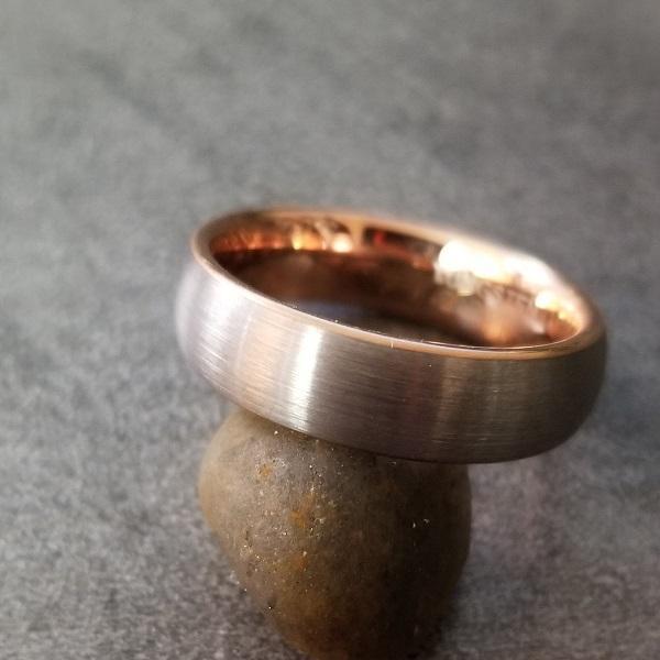 ThinkEngraved wedding Band Personalized Men's Wedding Band - Rose Gold and Brushed Steel Real Tungsten