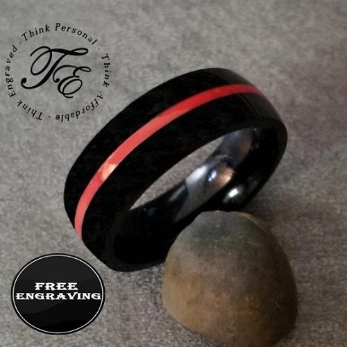 ThinkEngraved wedding Band Personalized Men's Wedding Ring - Black With Red Line Groove Stainless Steel